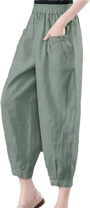 Women's Cotton and Linen Casual Pants Loose Solid Color High Waist Pocket Harem Pants