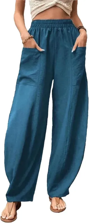 Women's Cotton Linen Harem Pants Vintage Loose Casual Trousers Elastic Waist Cargo Wide-Legged Pants