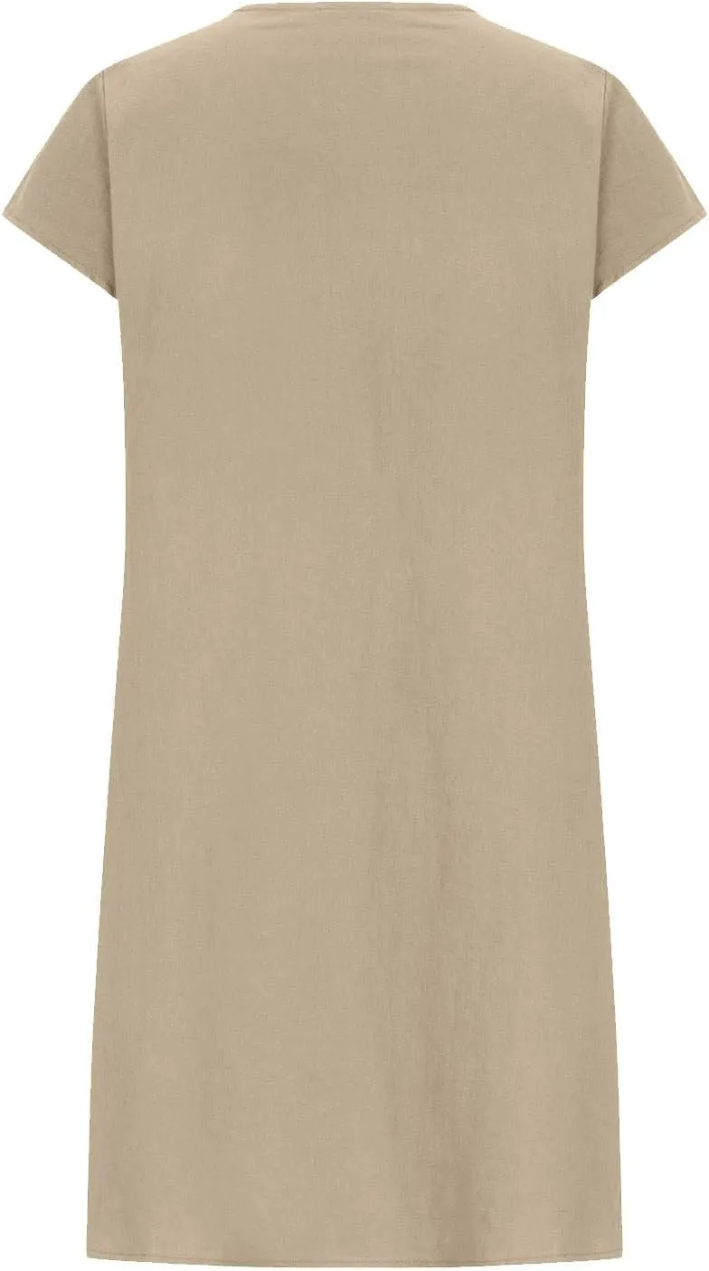 Women's Cotton Linen Pleated Dress Loose Fit Crewneck Short Sleeve Dresses Vacation Beach Sundress for Women 2025