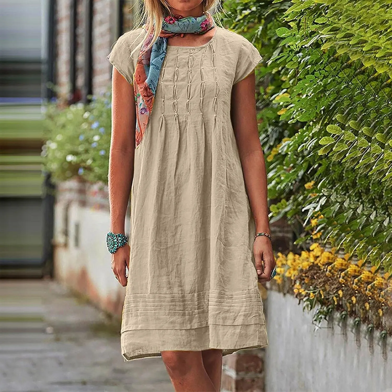 Women's Cotton Linen Pleated Dress Loose Fit Crewneck Short Sleeve Dresses Vacation Beach Sundress for Women 2025