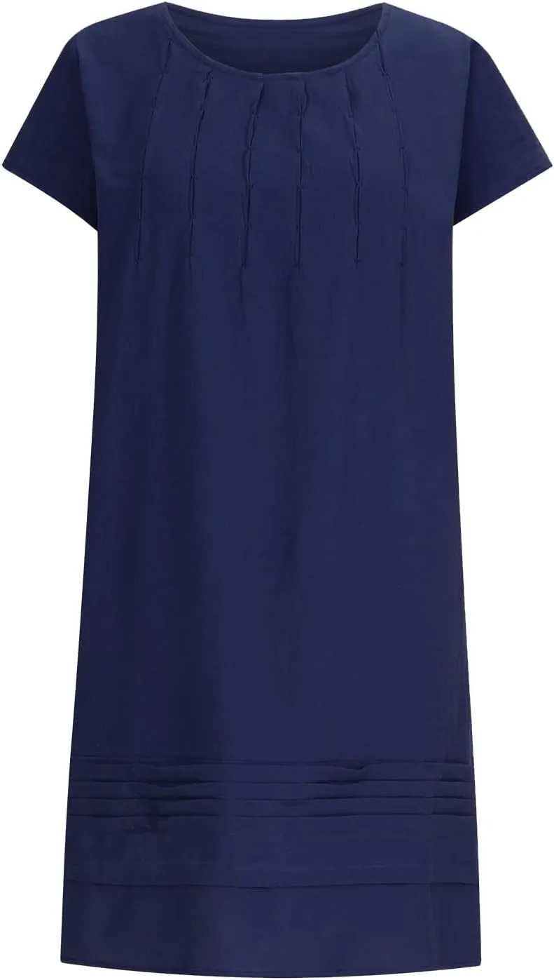Women's Cotton Linen Pleated Dress Loose Fit Crewneck Short Sleeve Dresses Vacation Beach Sundress for Women 2025