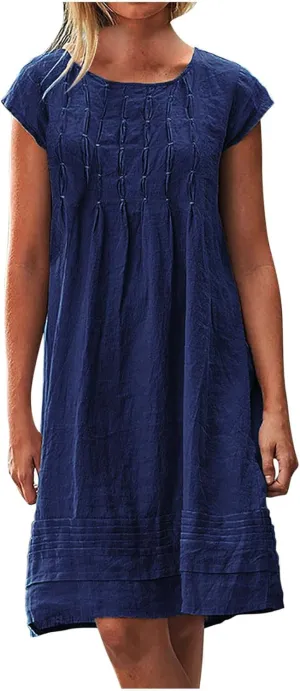 Women's Cotton Linen Pleated Dress Loose Fit Crewneck Short Sleeve Dresses Vacation Beach Sundress for Women 2025
