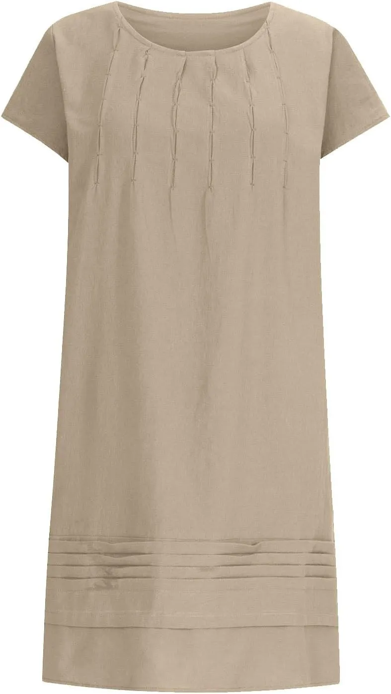 Women's Cotton Linen Pleated Dress Loose Fit Crewneck Short Sleeve Dresses Vacation Beach Sundress for Women 2025
