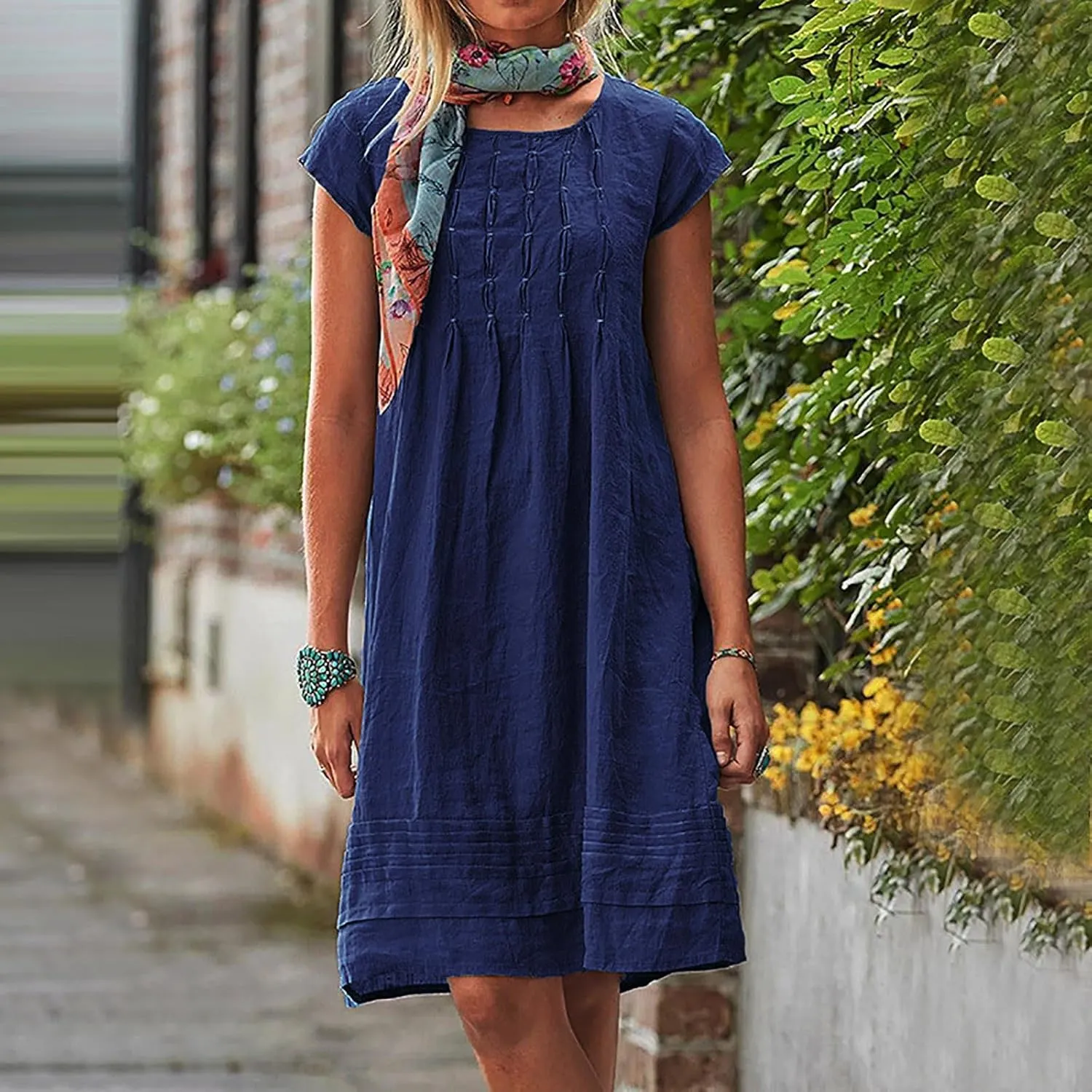 Women's Cotton Linen Pleated Dress Loose Fit Crewneck Short Sleeve Dresses Vacation Beach Sundress for Women 2025