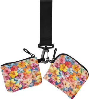 Women's Dual Wallets Busniess Card Cases Watercolor Flowers Colorful Mini Fashion Zipper Wristlet Wallet with Wristle Strap for Women Men 2 Packs