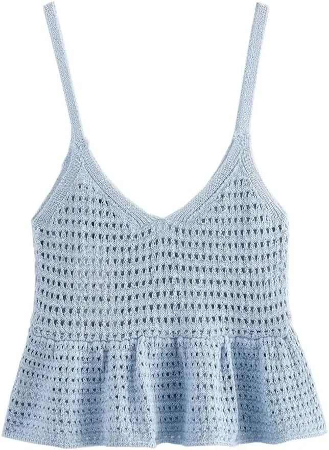 Womens Embroidered Hollow Knit Top Summer Sleeveless Bohemian Tank Solid V-Neck Camisole
