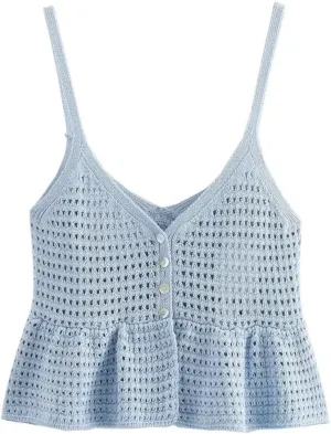 Womens Embroidered Hollow Knit Top Summer Sleeveless Bohemian Tank Solid V-Neck Camisole