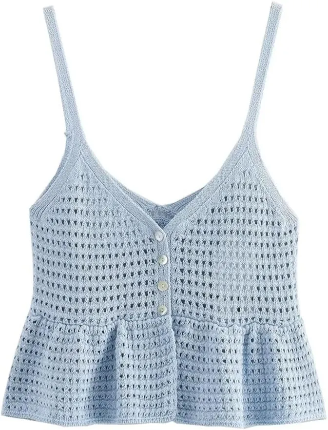 Womens Embroidered Hollow Knit Top Summer Sleeveless Bohemian Tank Solid V-Neck Camisole