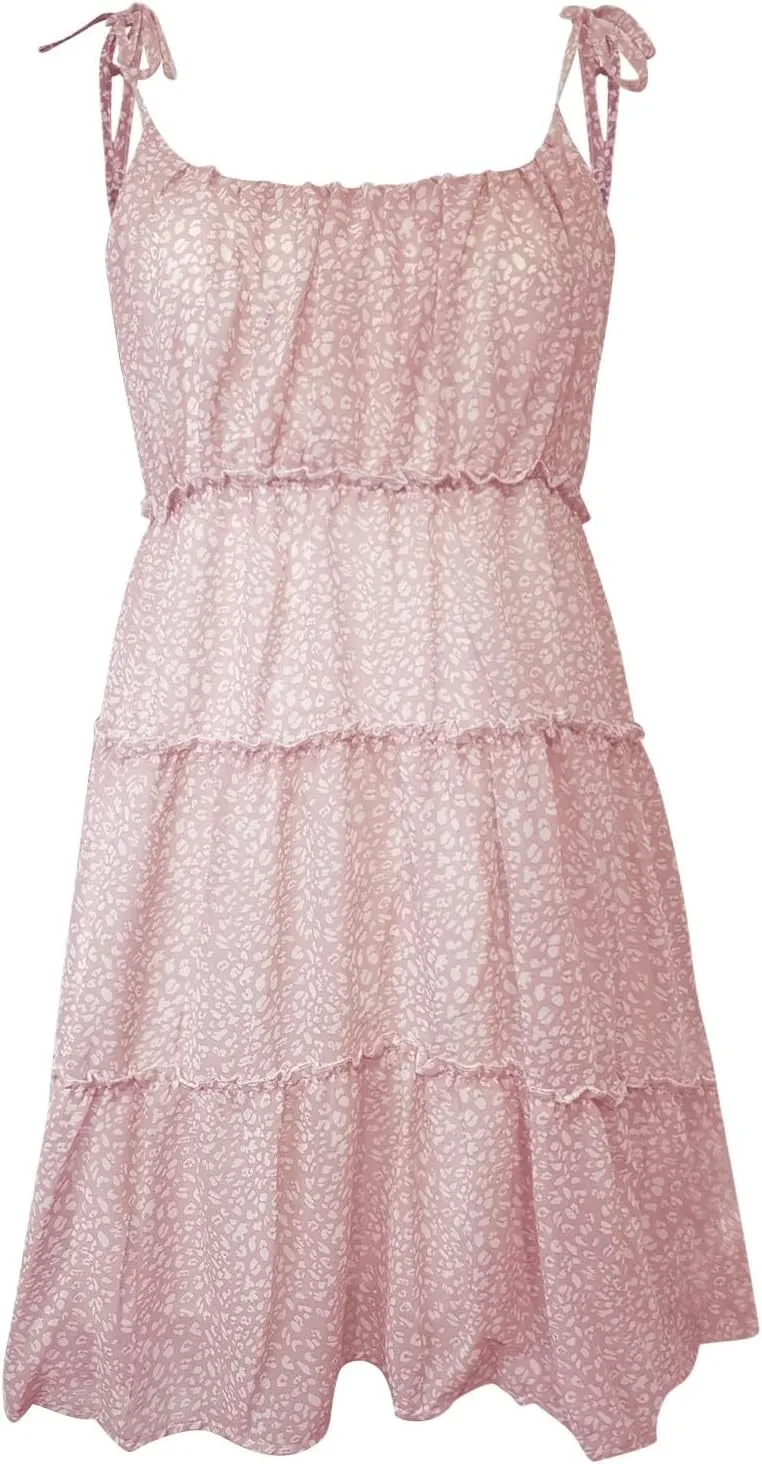 Womens Floral Dress Summer Backless Spaghetti Strap Dress Sexy Sleeveless Mini Dress Tiered Ruffle Flowy Dress