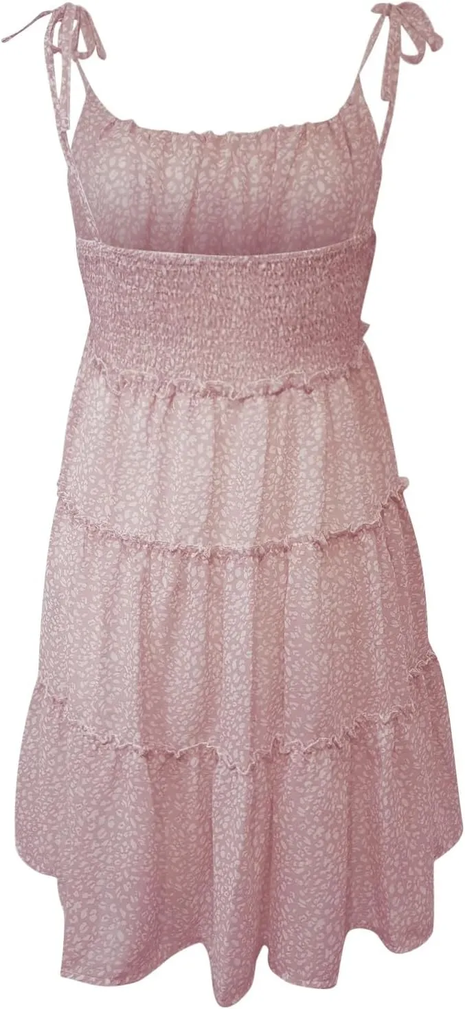 Womens Floral Dress Summer Backless Spaghetti Strap Dress Sexy Sleeveless Mini Dress Tiered Ruffle Flowy Dress