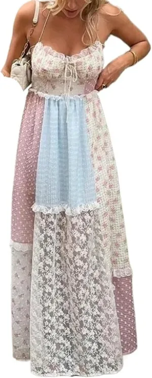 Women's Flowy Dresses Summer Elegant Print Lace Patchwork Long Dress Halter Backless Sleeveless Dress