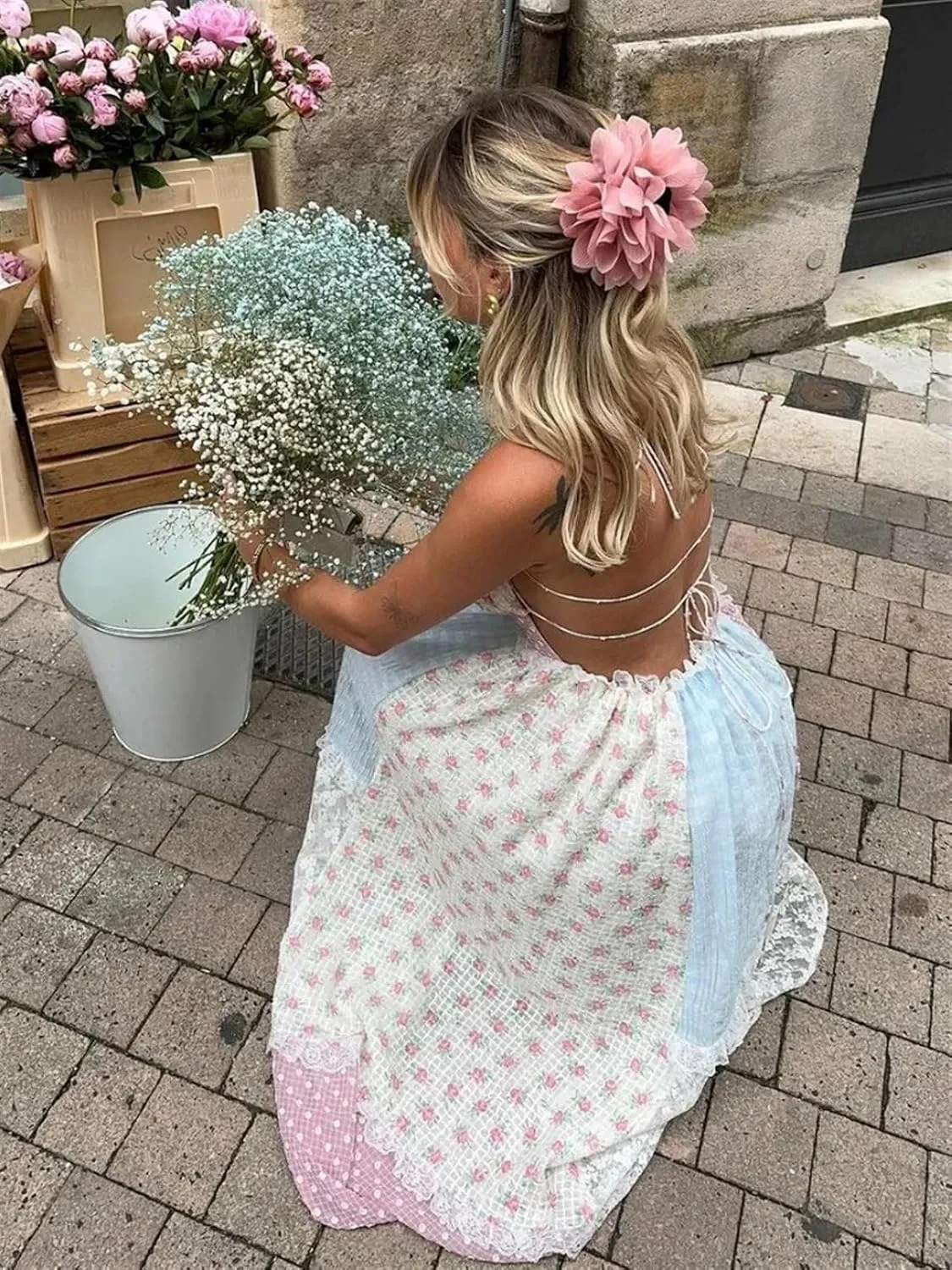 Women's Flowy Dresses Summer Elegant Print Lace Patchwork Long Dress Halter Backless Sleeveless Dress