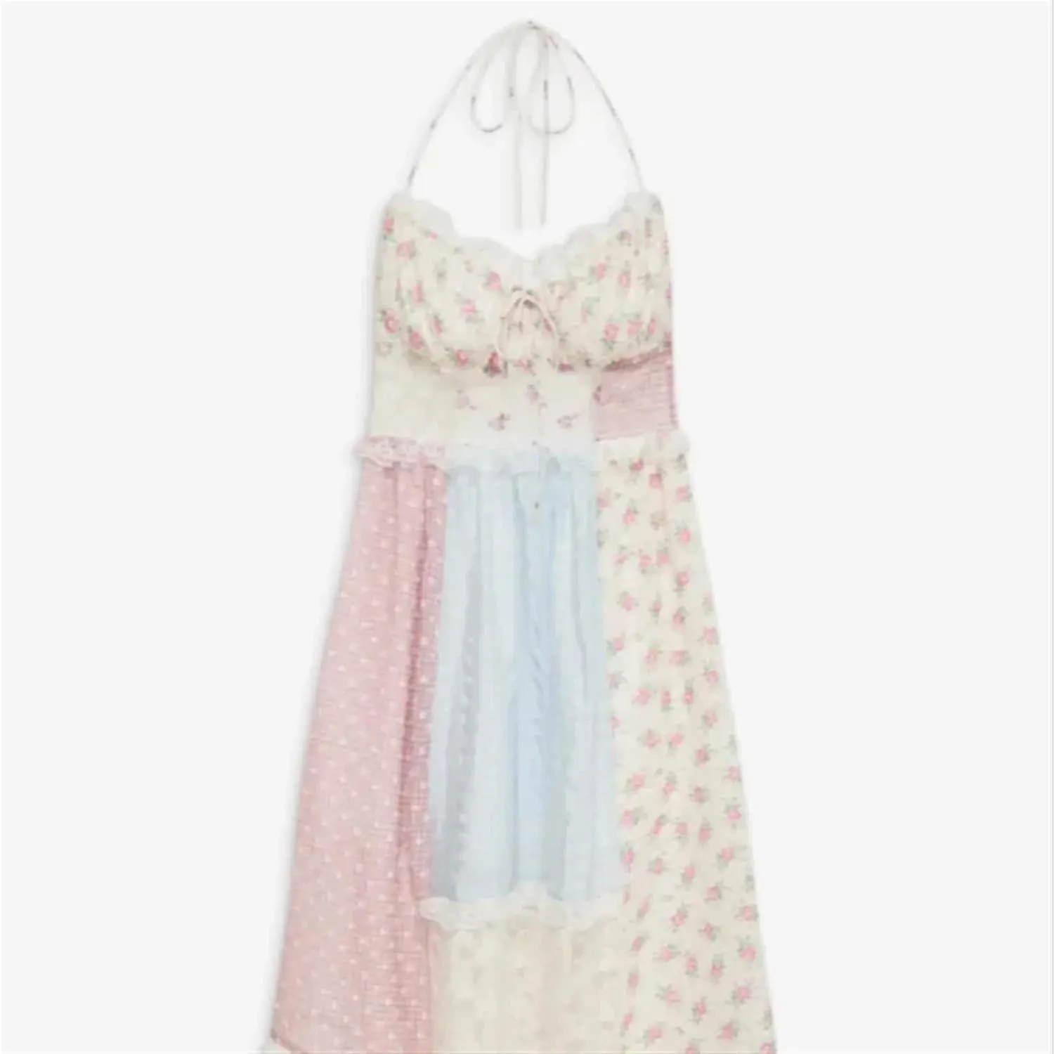 Women's Flowy Dresses Summer Elegant Print Lace Patchwork Long Dress Halter Backless Sleeveless Dress