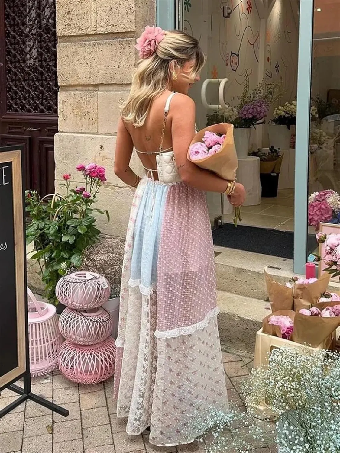 Women's Flowy Dresses Summer Elegant Print Lace Patchwork Long Dress Halter Backless Sleeveless Dress