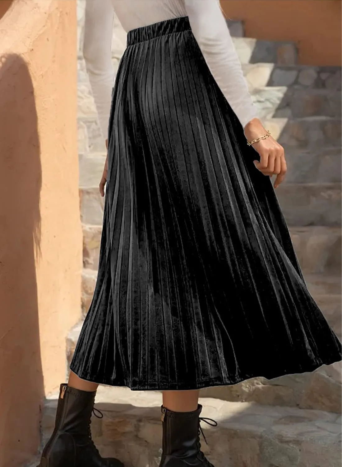 Womens High Elastic Waist Skirt Pleated A Line Swings Midi Velvet Skirts for Women