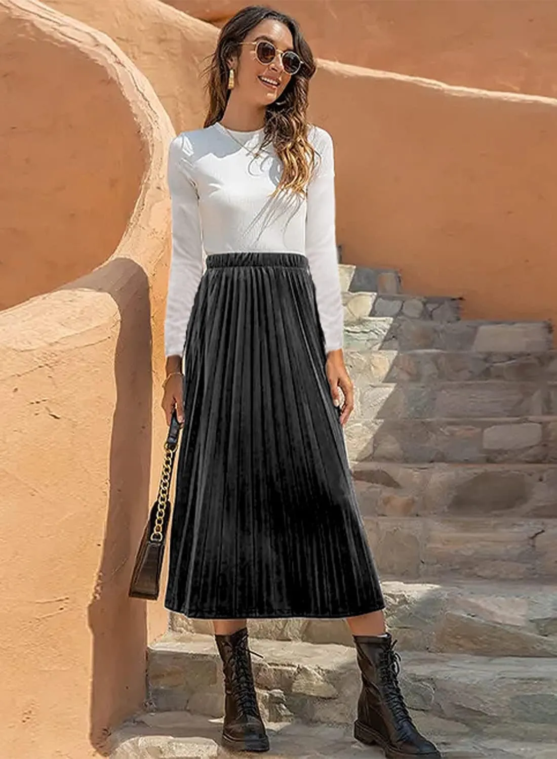 Womens High Elastic Waist Skirt Pleated A Line Swings Midi Velvet Skirts for Women