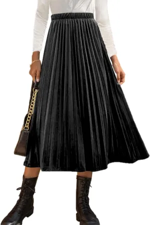 Womens High Elastic Waist Skirt Pleated A Line Swings Midi Velvet Skirts for Women