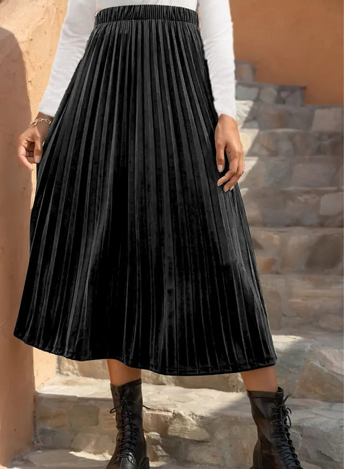 Womens High Elastic Waist Skirt Pleated A Line Swings Midi Velvet Skirts for Women