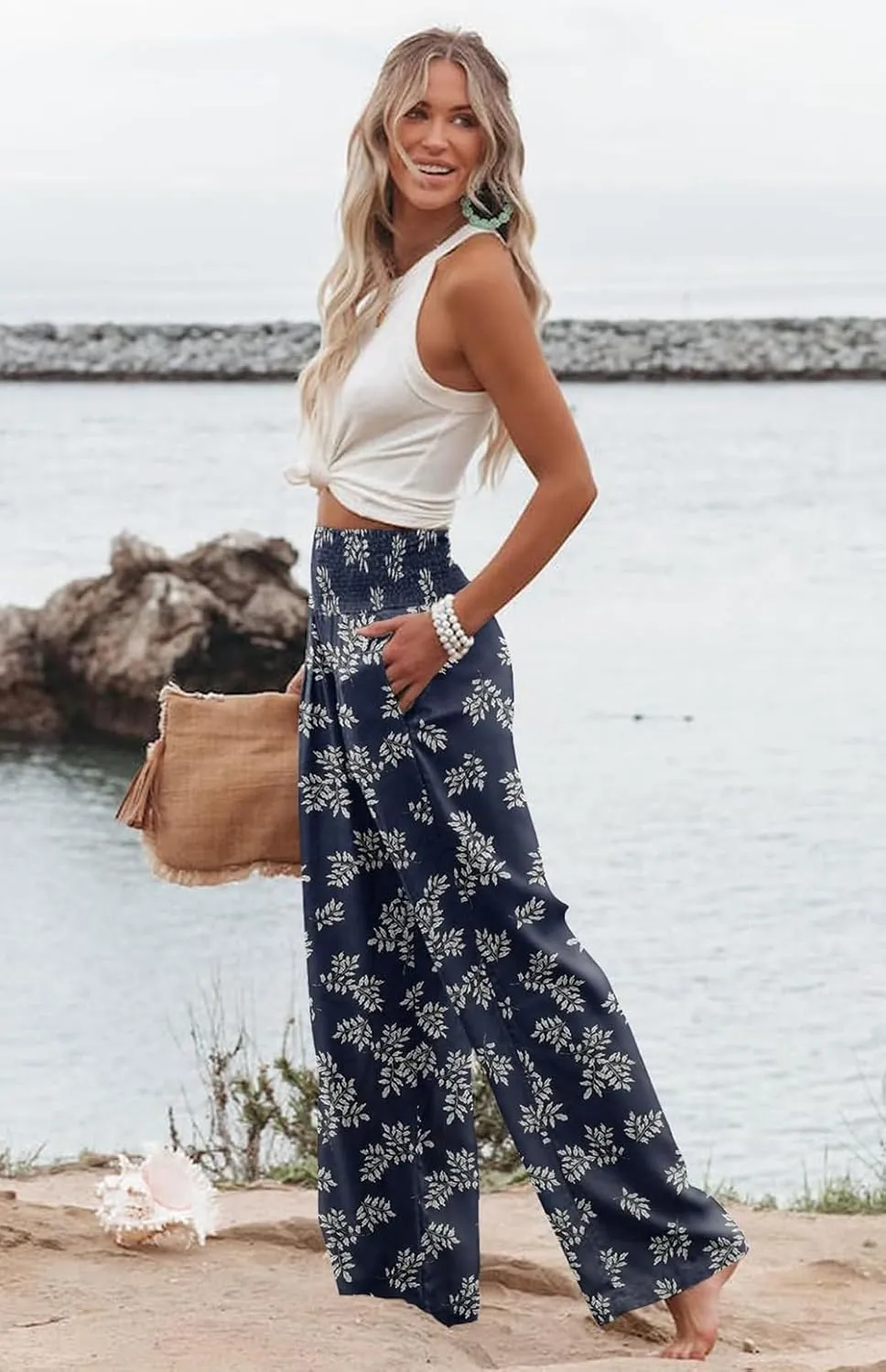 Womens High Waisted Wide Leg Palazzo Pants Casual Lounge Boho Flowy Pants with Pockets