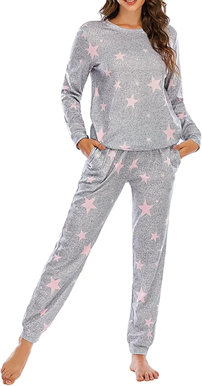 Womens Jogger Pajama Sets Long Sleeve Sleepwear Round Neck Nightwear Soft Pjs Lounge Set Loungewear with Pockets