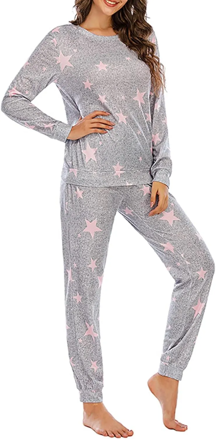 Womens Jogger Pajama Sets Long Sleeve Sleepwear Round Neck Nightwear Soft Pjs Lounge Set Loungewear with Pockets