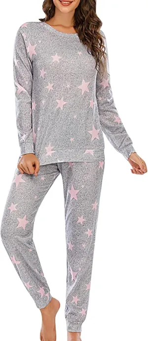 Womens Jogger Pajama Sets Long Sleeve Sleepwear Round Neck Nightwear Soft Pjs Lounge Set Loungewear with Pockets