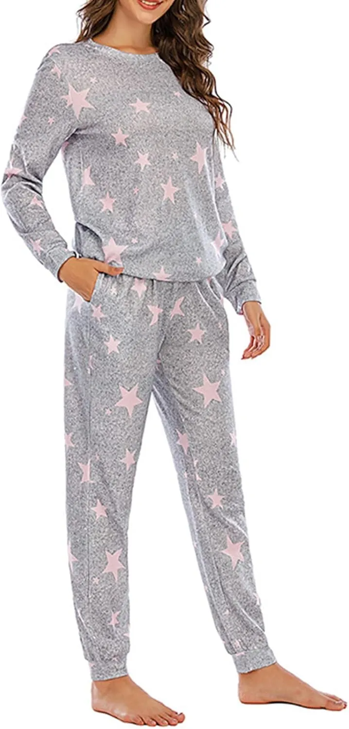 Womens Jogger Pajama Sets Long Sleeve Sleepwear Round Neck Nightwear Soft Pjs Lounge Set Loungewear with Pockets