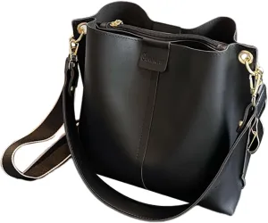 Womens Leather Shoulder Bag Lightweight Hobo Bag for Work Commuting Outdoor Black