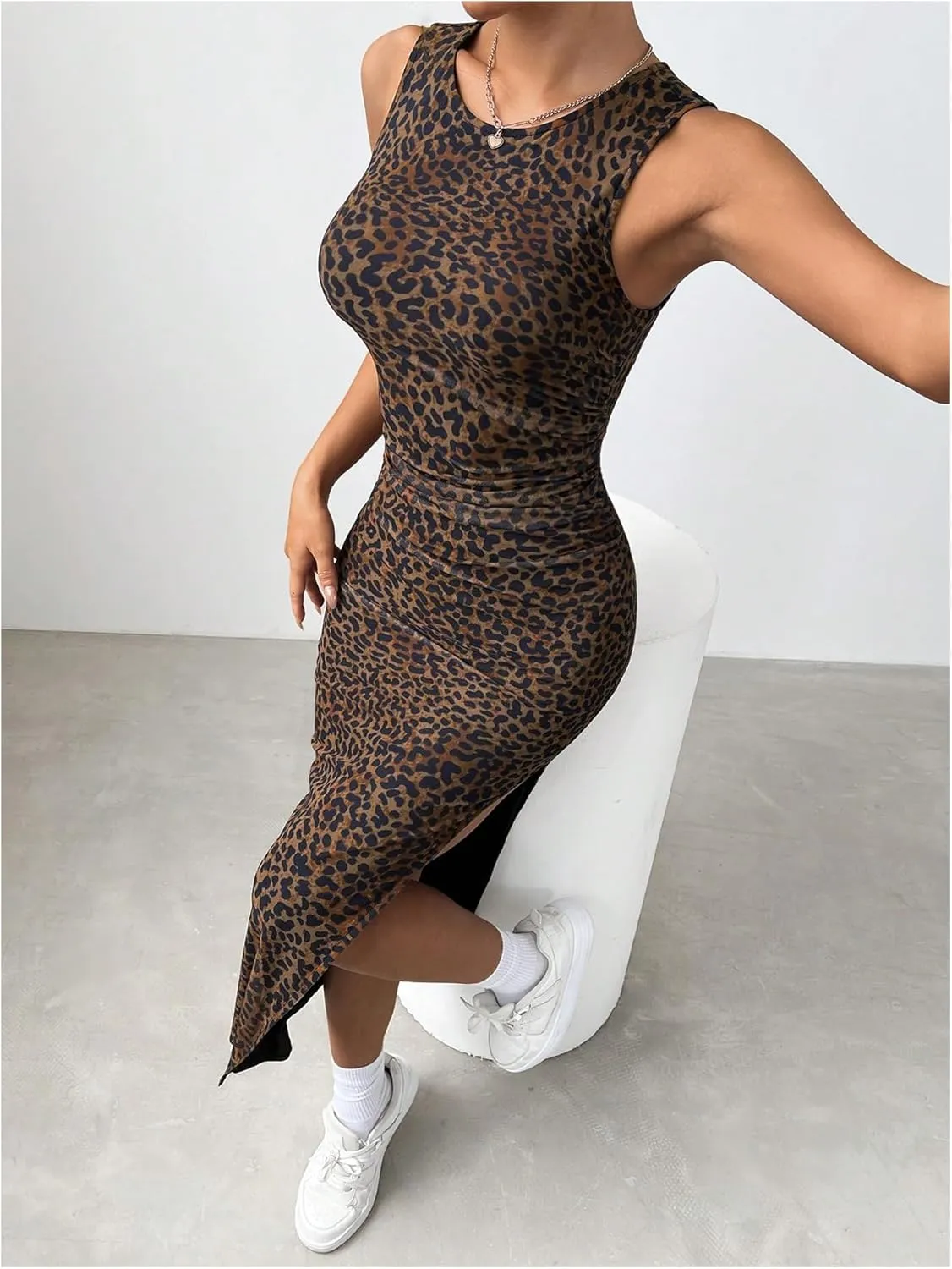 Women's Leopard Print Midi Dress Bodycon Crew Neck Split Sleeveless Spring Summer Tank Sundress