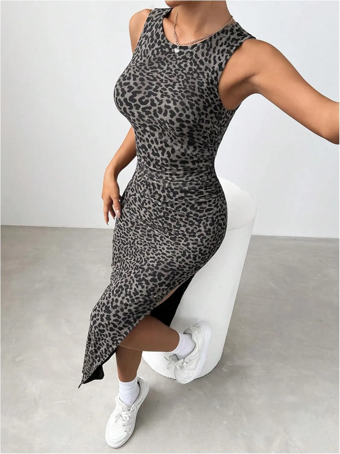 Women's Leopard Print Midi Dress Bodycon Crew Neck Split Sleeveless Spring Summer Tank Sundress