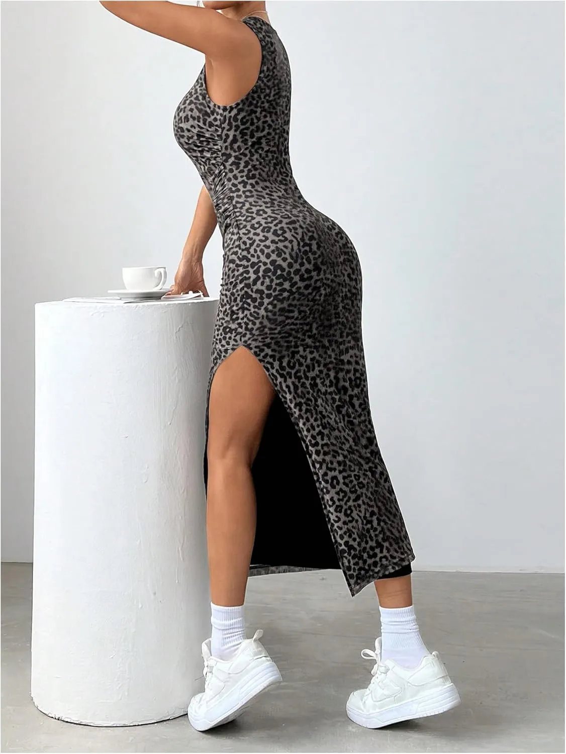 Women's Leopard Print Midi Dress Bodycon Crew Neck Split Sleeveless Spring Summer Tank Sundress