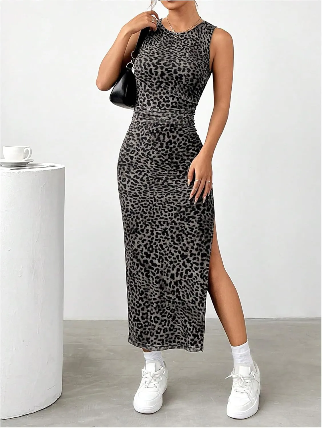 Women's Leopard Print Midi Dress Bodycon Crew Neck Split Sleeveless Spring Summer Tank Sundress