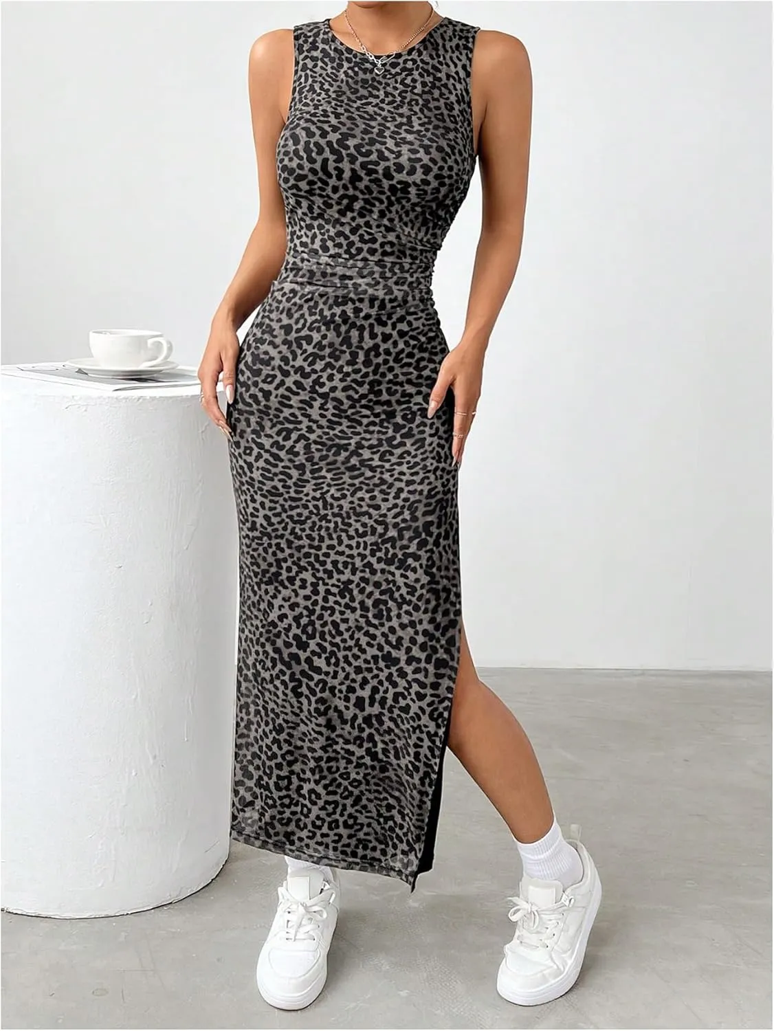 Women's Leopard Print Midi Dress Bodycon Crew Neck Split Sleeveless Spring Summer Tank Sundress