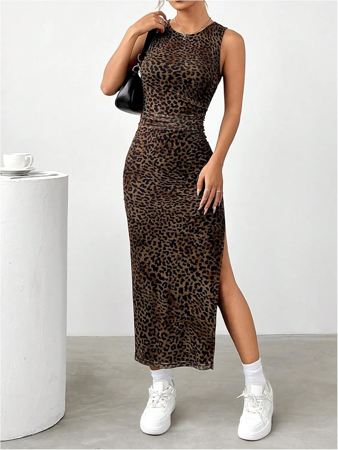 Women's Leopard Print Midi Dress Bodycon Crew Neck Split Sleeveless Spring Summer Tank Sundress