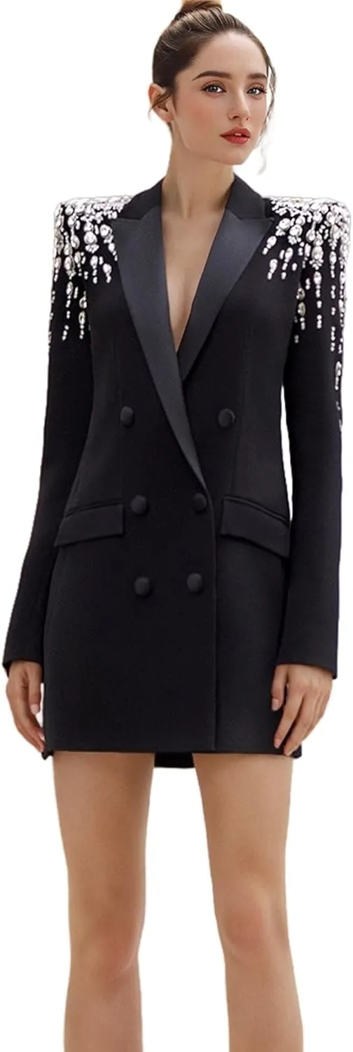 Women's Luxury Outwear Embroidery Flares Diamond Blazer Jackets Long Sleeve Long Blazer Dress Coat