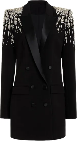 Women's Luxury Outwear Embroidery Flares Diamond Blazer Jackets Long Sleeve Long Blazer Dress Coat