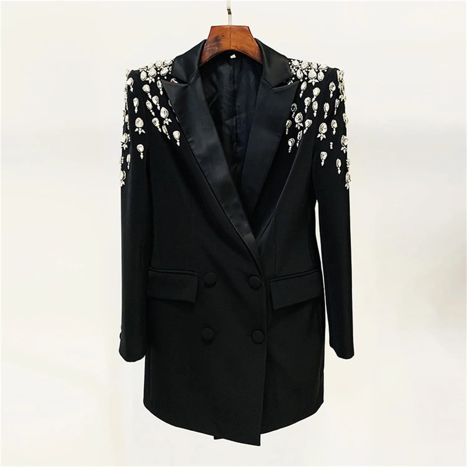 Women's Luxury Outwear Embroidery Flares Diamond Blazer Jackets Long Sleeve Long Blazer Dress Coat