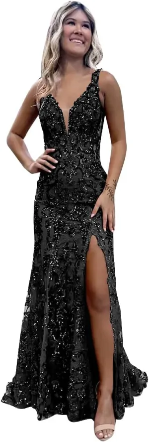 Women's Mermaid Sparkly Sequin Prom Dresses Backless V Neck Long Formal Evening Gowns with Slit