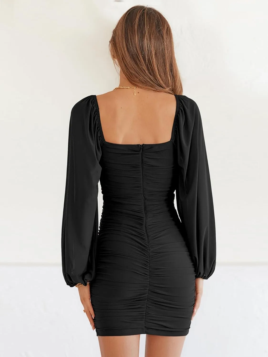 Womens Mesh Dress Square Neck Long Lantern Sleeve Ruched Bodycon Clubwear Cocktail Party Mini Dress