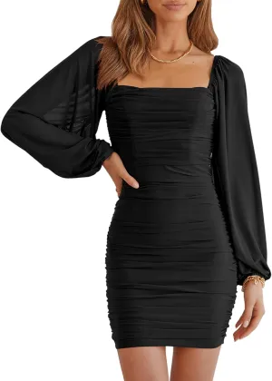 Womens Mesh Dress Square Neck Long Lantern Sleeve Ruched Bodycon Clubwear Cocktail Party Mini Dress