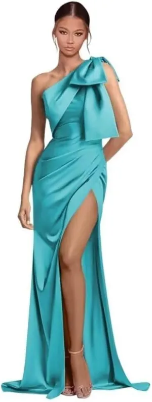 Women's One Shoulder Prom Dress with Bow Long Slit Mermaid Bridesmaid Dresses Ruched Satin Formal Evening Gown WO052