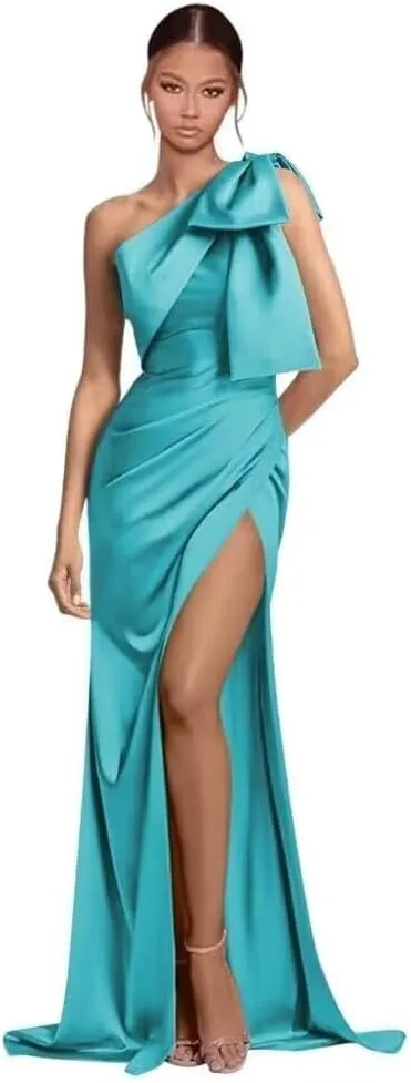 Women's One Shoulder Prom Dress with Bow Long Slit Mermaid Bridesmaid Dresses Ruched Satin Formal Evening Gown WO052
