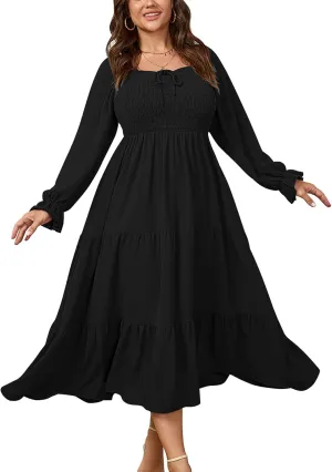 Womens Plus Size Flowy Maxi Dress Long Sleeve Square Neck Smocked A Line Formal Long Dresses for Women Wedding Guest