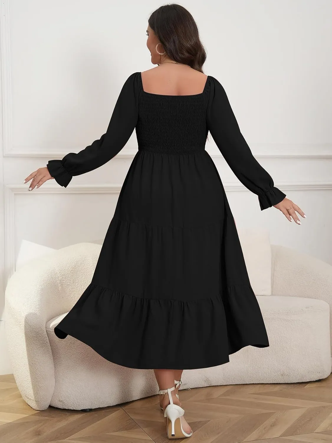 Womens Plus Size Flowy Maxi Dress Long Sleeve Square Neck Smocked A Line Formal Long Dresses for Women Wedding Guest