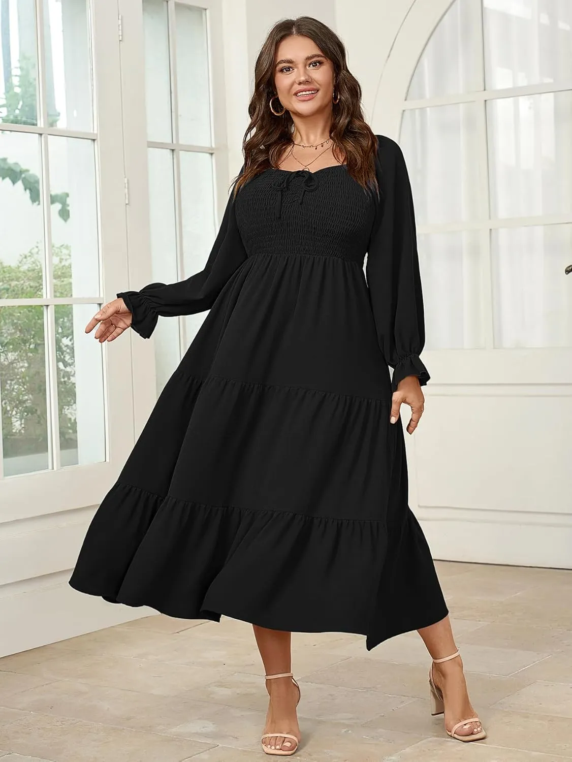 Womens Plus Size Flowy Maxi Dress Long Sleeve Square Neck Smocked A Line Formal Long Dresses for Women Wedding Guest