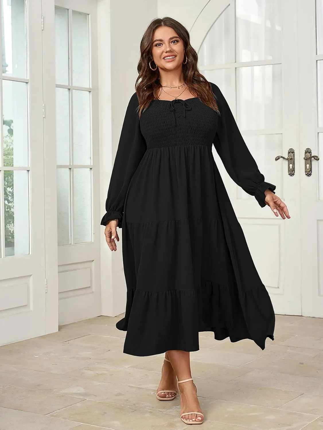 Womens Plus Size Flowy Maxi Dress Long Sleeve Square Neck Smocked A Line Formal Long Dresses for Women Wedding Guest