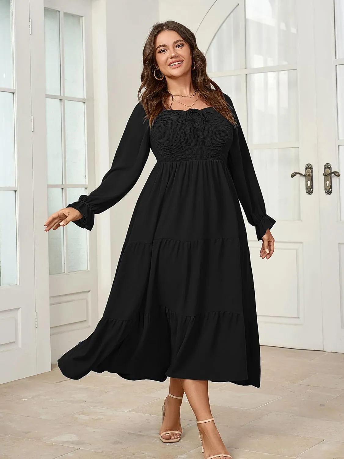 Womens Plus Size Flowy Maxi Dress Long Sleeve Square Neck Smocked A Line Formal Long Dresses for Women Wedding Guest