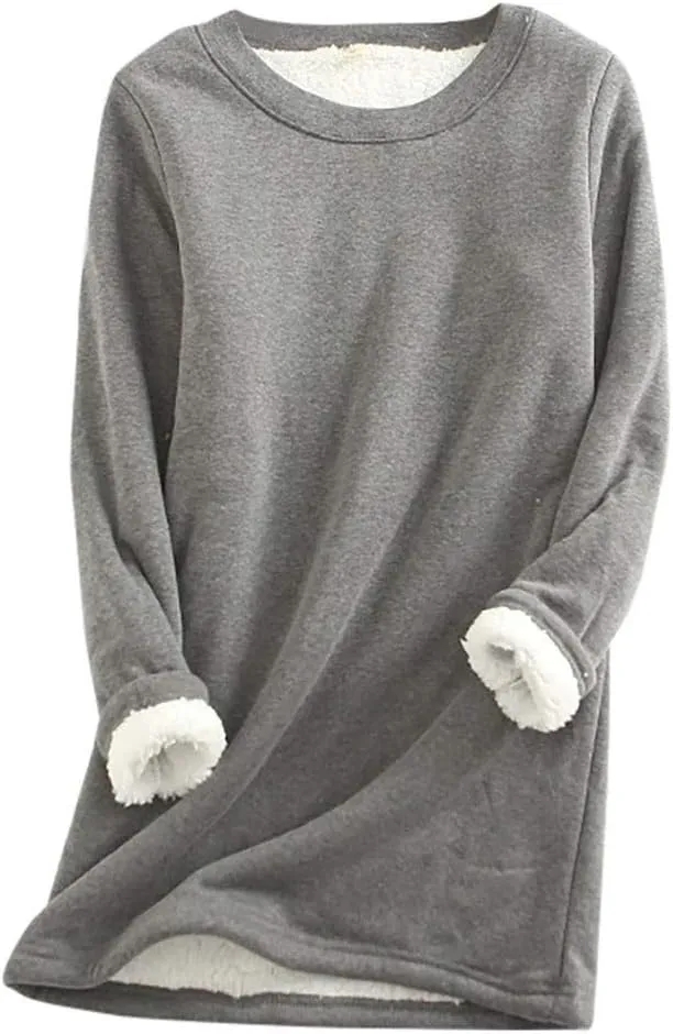 Womens Sherpa Lined Sweatshirt Solid Color Thermal Underwear Tops Fleece Sweater Winter Tops for Women