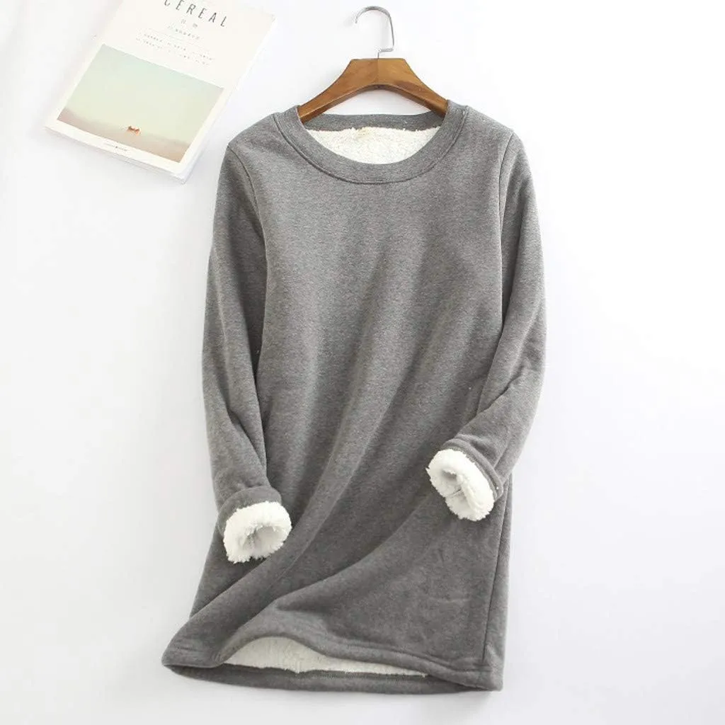 Womens Sherpa Lined Sweatshirt Solid Color Thermal Underwear Tops Fleece Sweater Winter Tops for Women