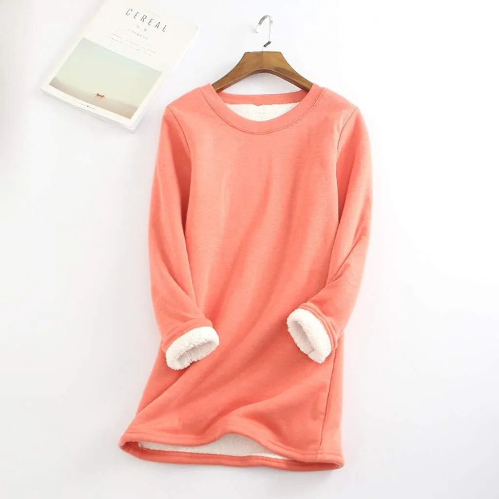 Womens Sherpa Lined Sweatshirt Solid Color Thermal Underwear Tops Fleece Sweater Winter Tops for Women